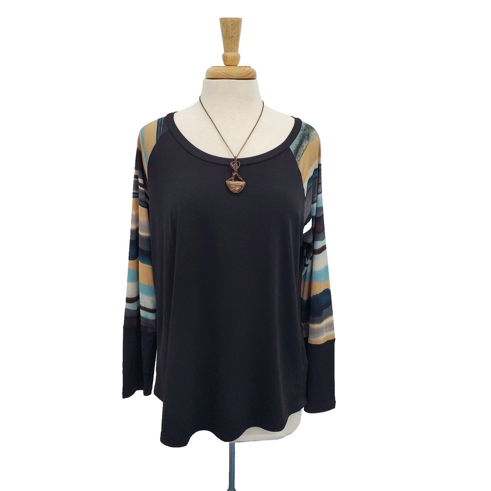 Womens 1X Black‎ Striped Raglan Top Long Sleeve Boho Casual Plus Size Shirt